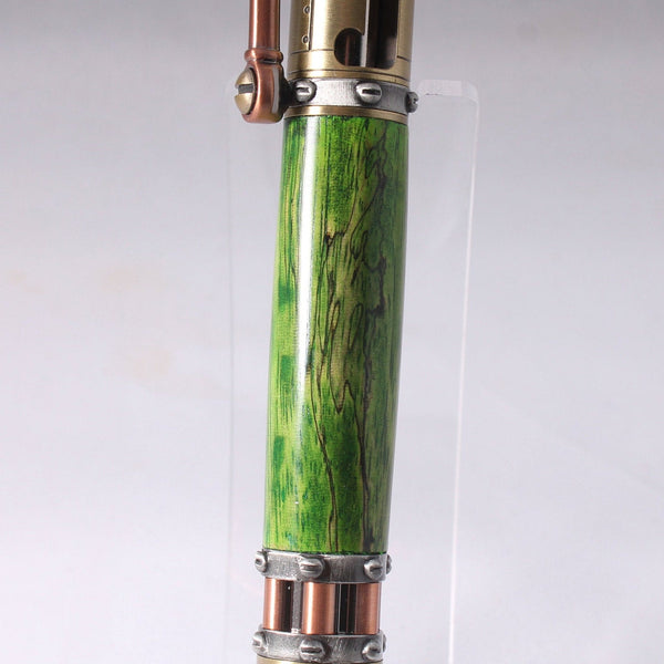 Victorian Steampunk Ballpoint Pen - Green Spalted Tamarind - Brass, Pewter, Copper