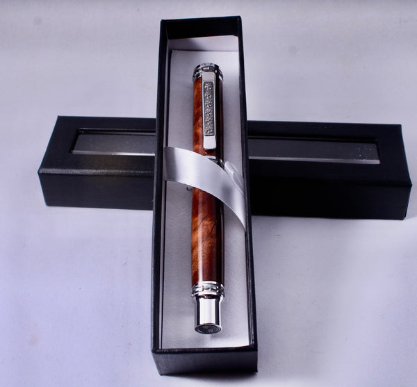 Luxury Redwood Rollerball Pen with Rhodium and Black Titanium Accents