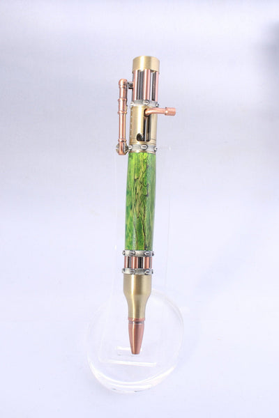 Victorian Steampunk Ballpoint Pen - Green Spalted Tamarind - Brass, Pewter, Copper