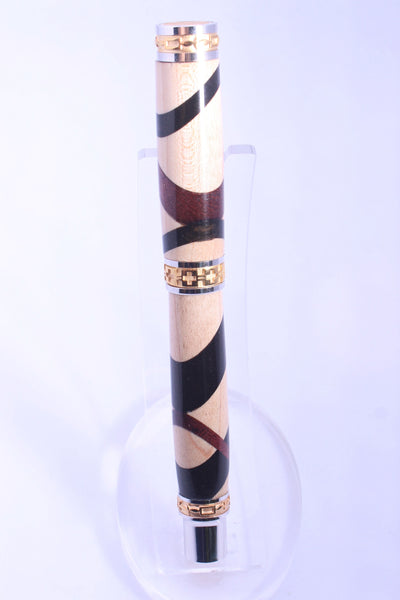 Maple, Ebony and Purpleheart Emperor Jr rollerball pen with rhodium and 24k gold accents